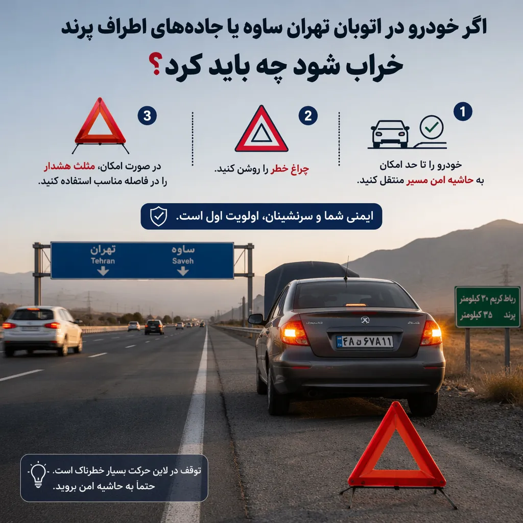 اگر خودرو در اتوبان تهران ساوه یا جاده‌های اطراف پرند خراب شود چه باید کرد؟